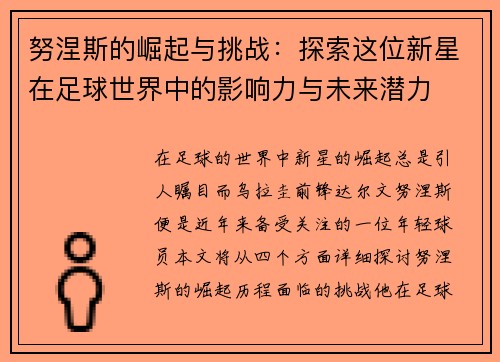 努涅斯的崛起与挑战：探索这位新星在足球世界中的影响力与未来潜力