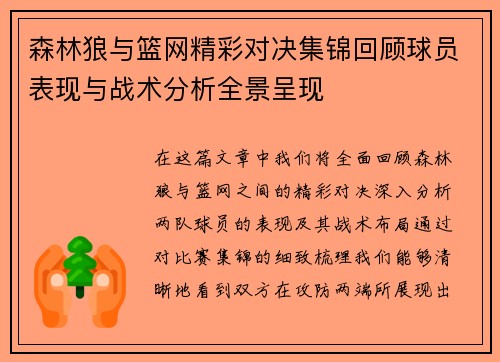 森林狼与篮网精彩对决集锦回顾球员表现与战术分析全景呈现
