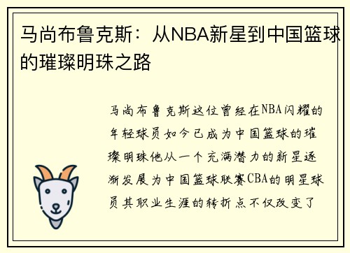 马尚布鲁克斯：从NBA新星到中国篮球的璀璨明珠之路