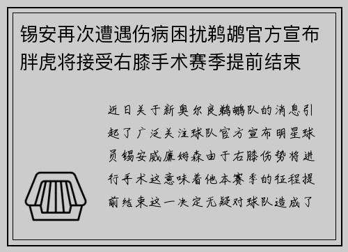 锡安再次遭遇伤病困扰鹈鹕官方宣布胖虎将接受右膝手术赛季提前结束
