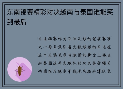 东南锦赛精彩对决越南与泰国谁能笑到最后