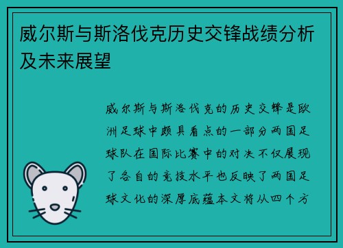 威尔斯与斯洛伐克历史交锋战绩分析及未来展望